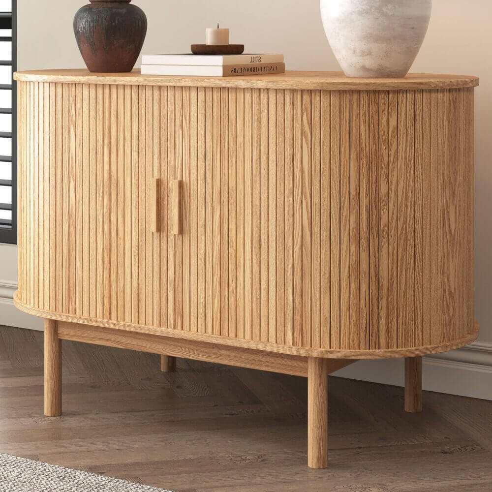 Natural Wood Ribbed Contemporary Sideboards Cabinet