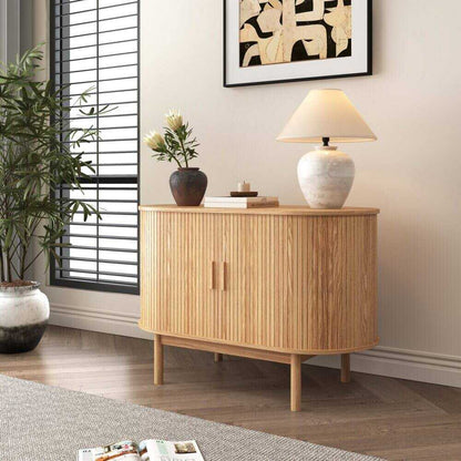 Natural Wood Ribbed Contemporary Sideboards Cabinet