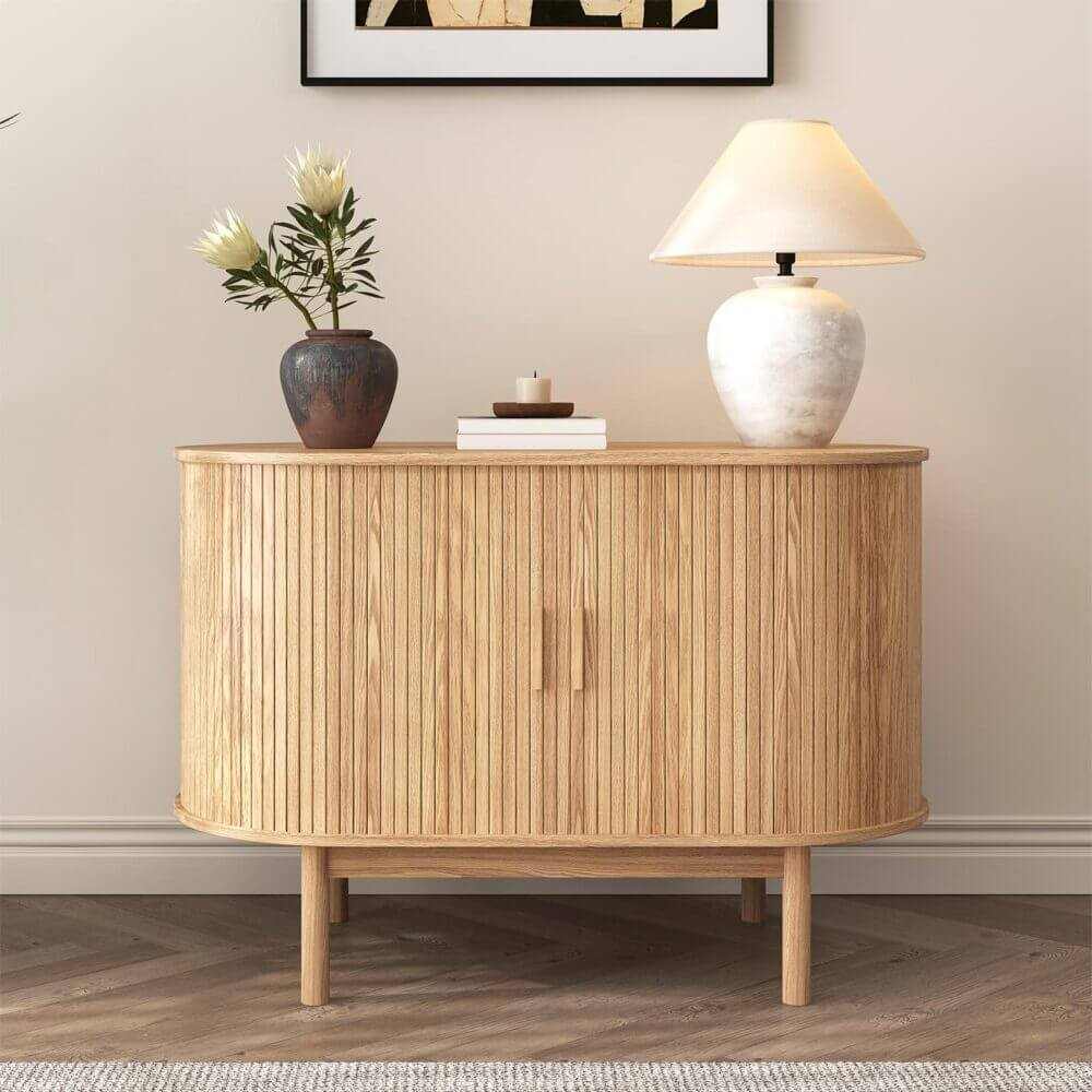 Natural Wood Ribbed Contemporary Sideboards Cabinet