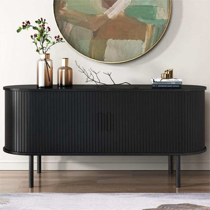 Ribbed Black Sideboard Buffet with Sliding Doors