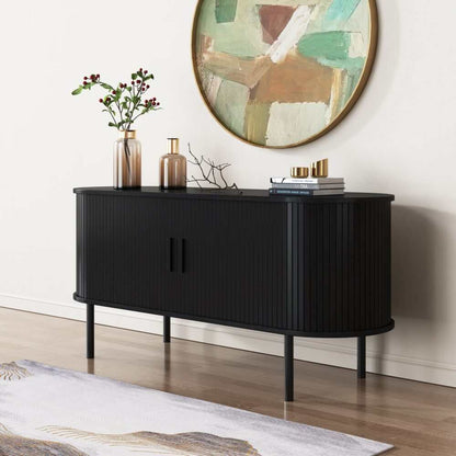 Ribbed Black Sideboard Buffet with Sliding Doors