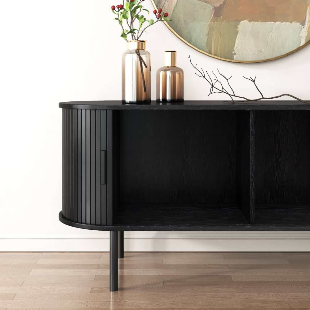 Ribbed Black Sideboard Buffet with Sliding Doors