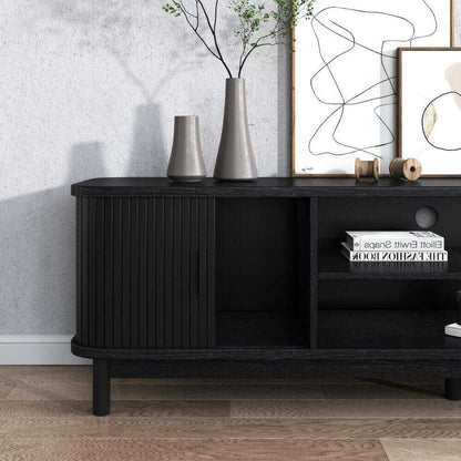 160cm Ribbed Black Entertainment Center Unit