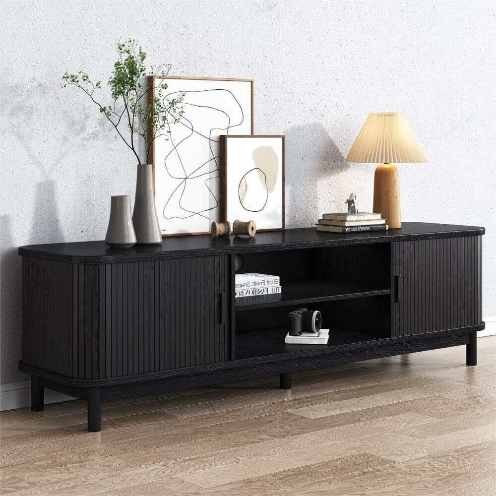 160cm Entertainment Unit Ribbed Black Media Console
