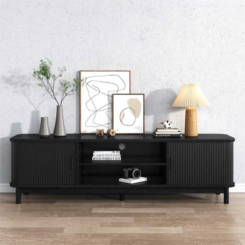 160cm Entertainment Unit Ribbed Black Media Console