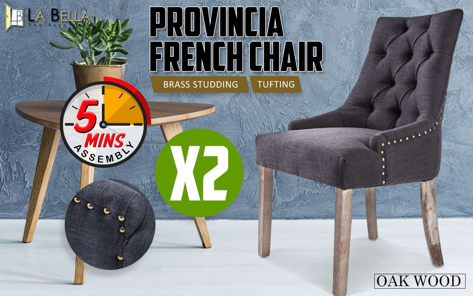 French Provincial Dining Chair set with oak legs, black upholstery, brass studding, and tufting design.