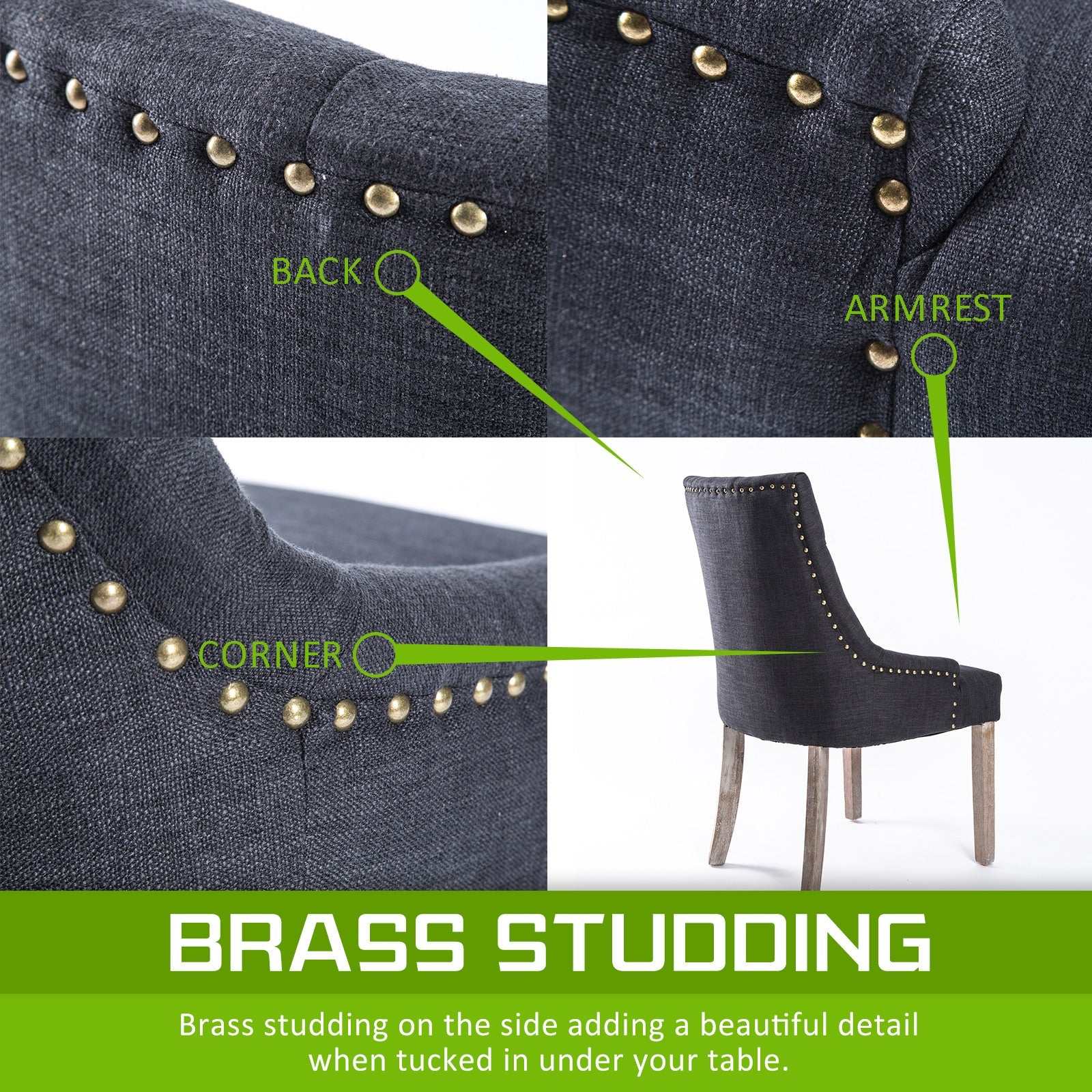 French Provincial Dining Chair with brass studding and oak legs.