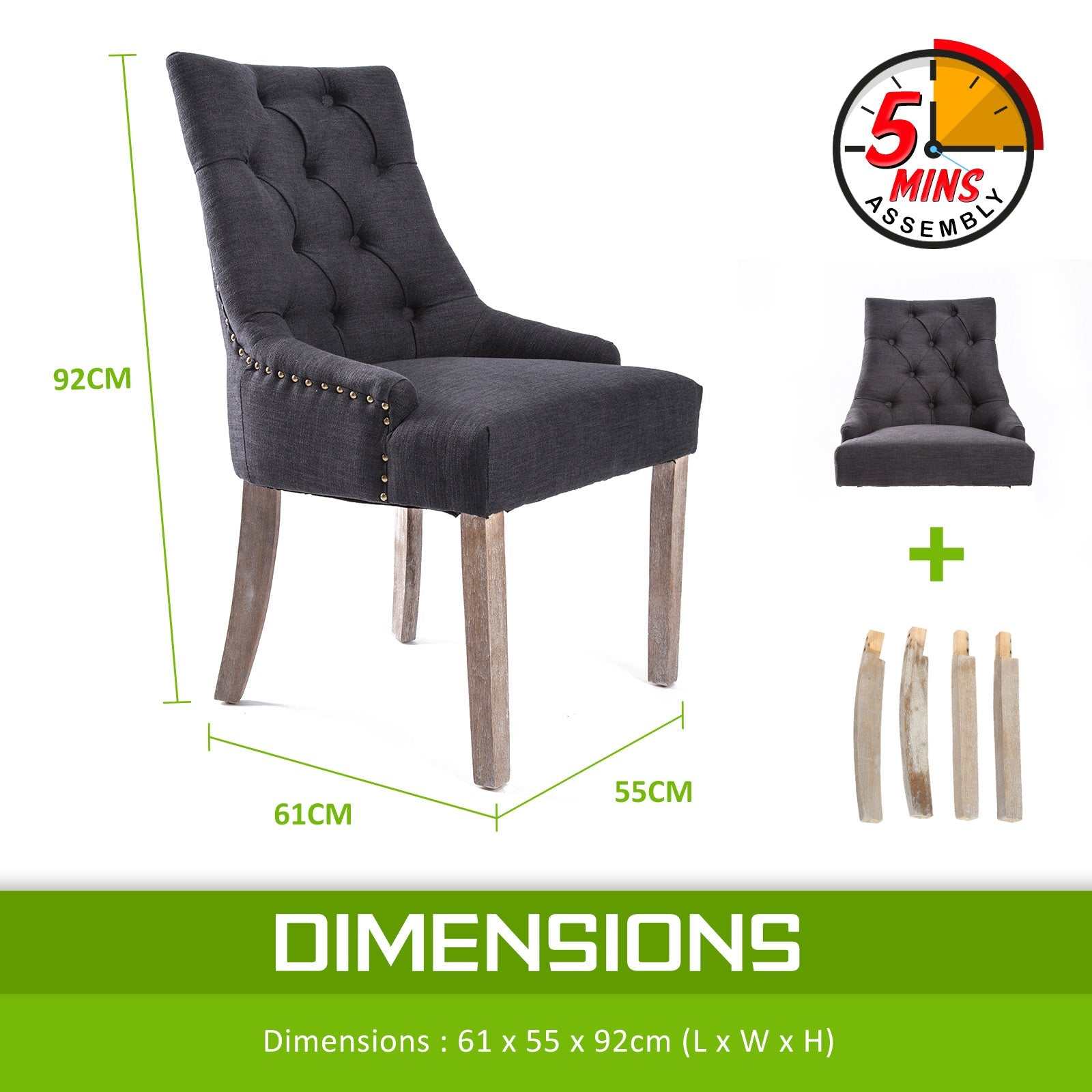 French Provincial Dining Chair with oak legs, black fabric, brass studs, and deep tufting design.