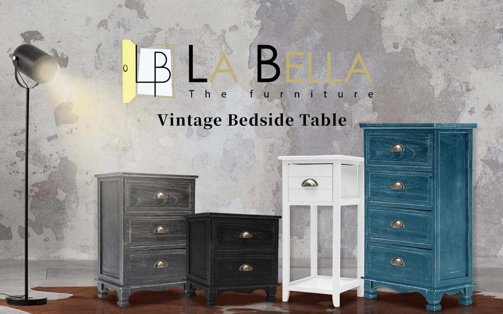 Valerie Bedside Table Vintage Grey Nightstand Set of 2