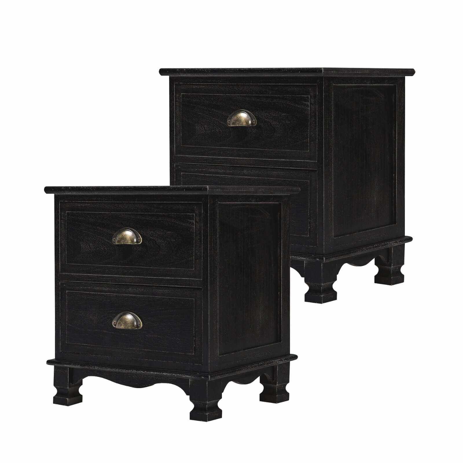 LYDIA Bedside Table 2 Drawer Vintage Black Nightstand Set of 2