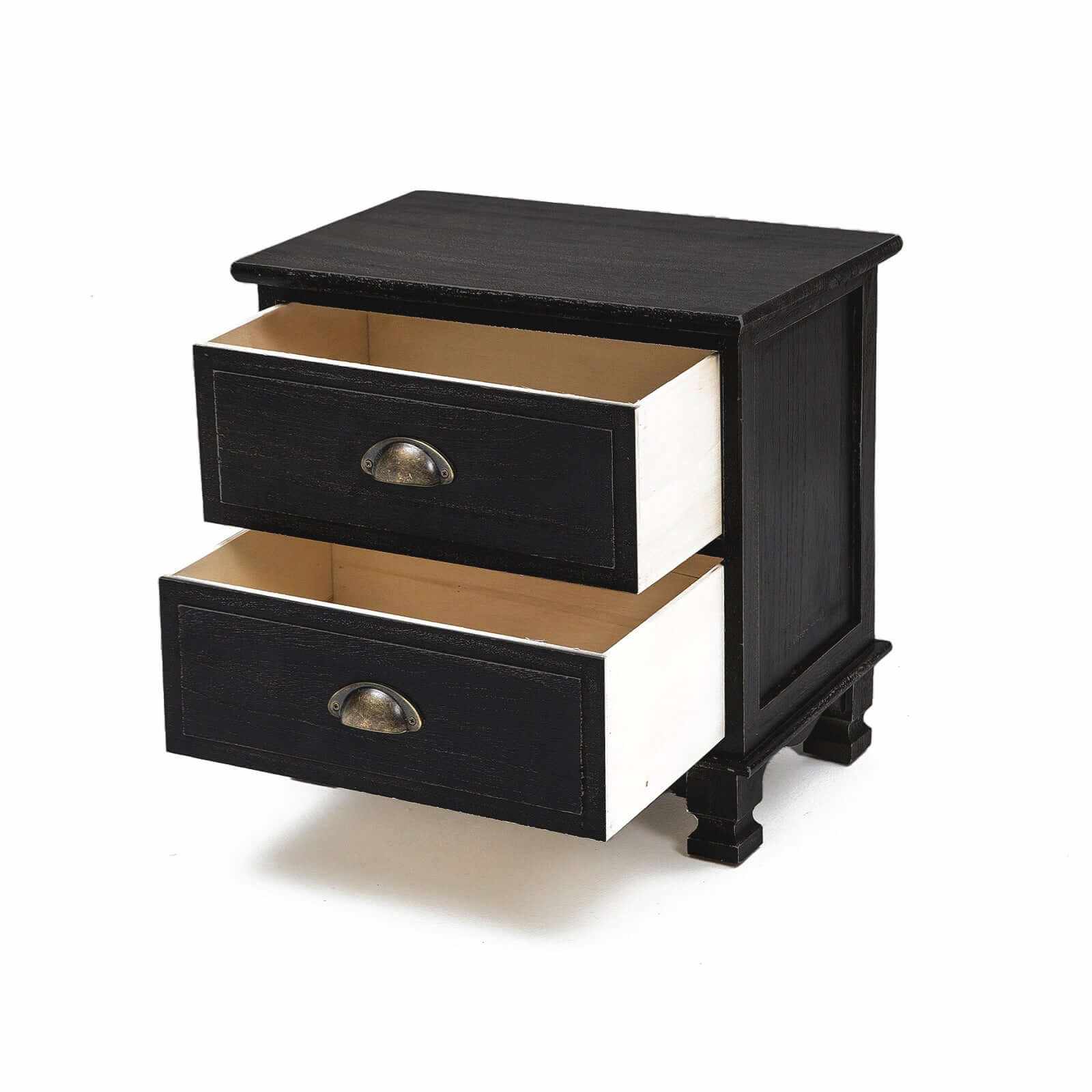 LYDIA Bedside Table 2 Drawer Vintage Black Nightstand Set of 2