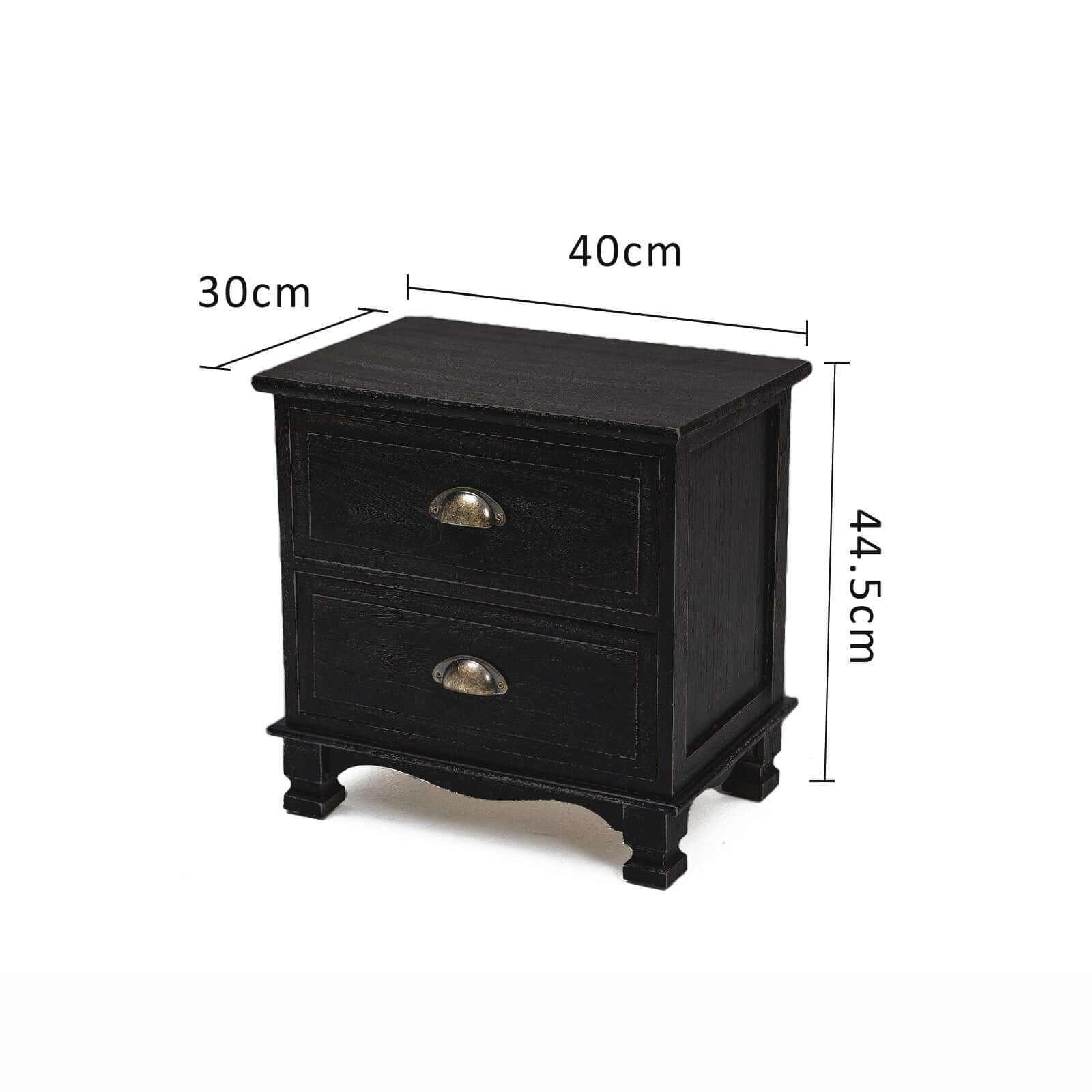 LYDIA Bedside Table 2 Drawer Vintage Black Nightstand Set of 2