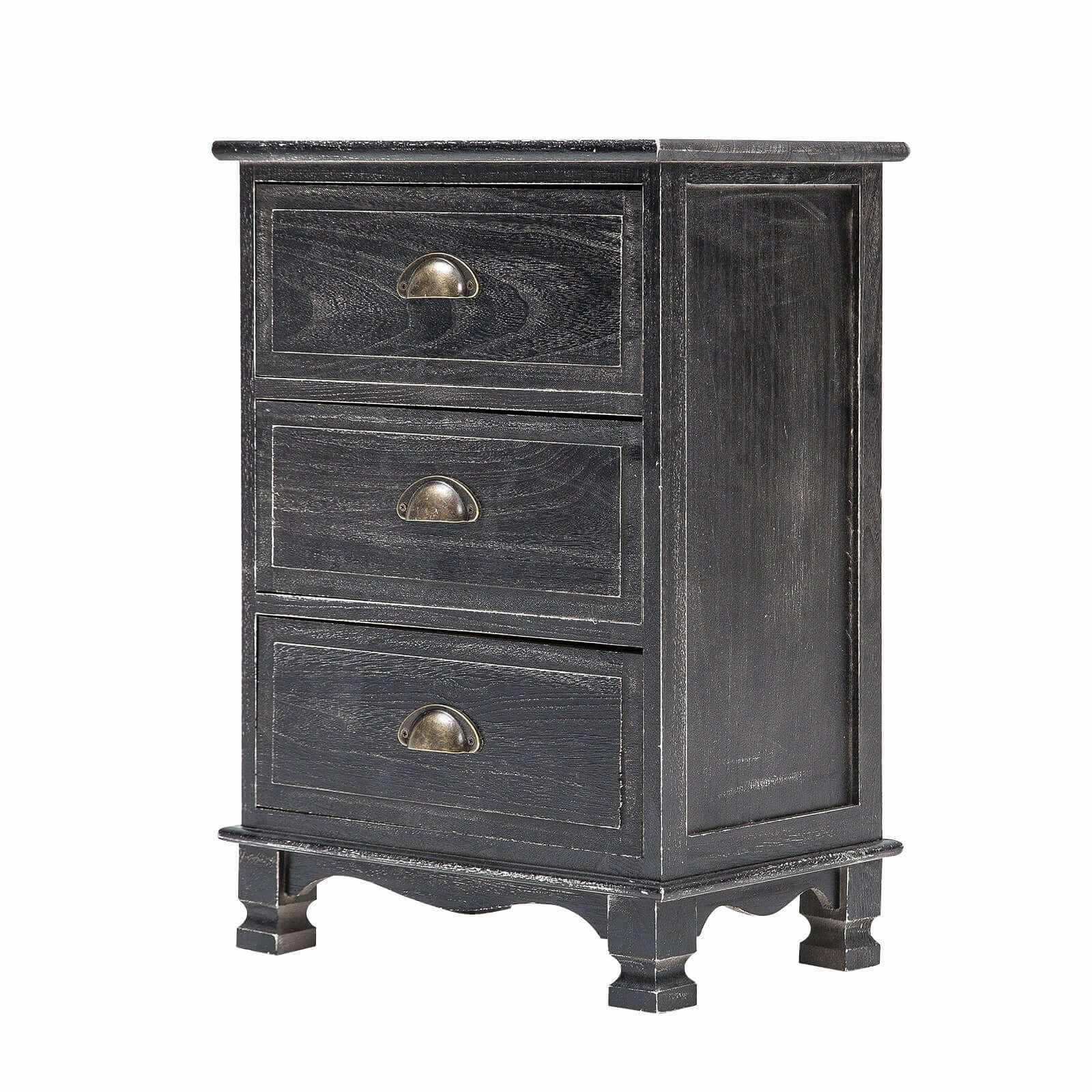 CLARA Black Bedside Table 3 Drawer Vintage Storage Cabinet