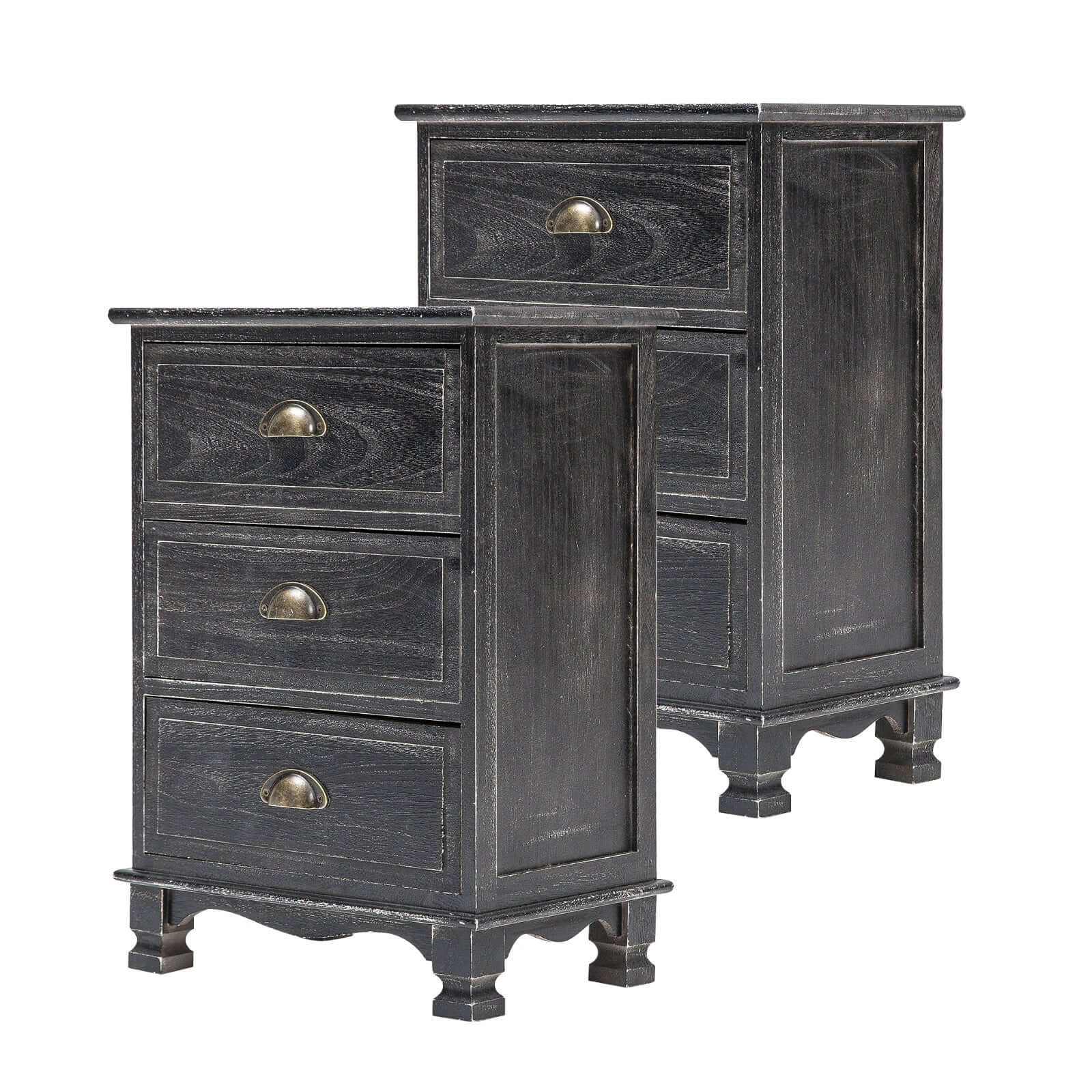 CLARA 3 Drawer Vintage Black Nightstands Set of 2