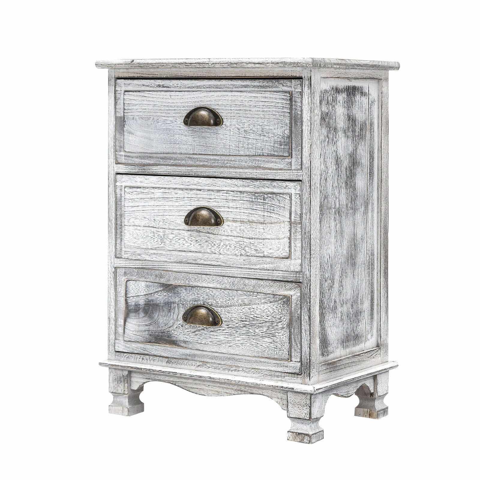 CLARA GREY Bedside Cabinet 3 Drawer Vintage Side Table