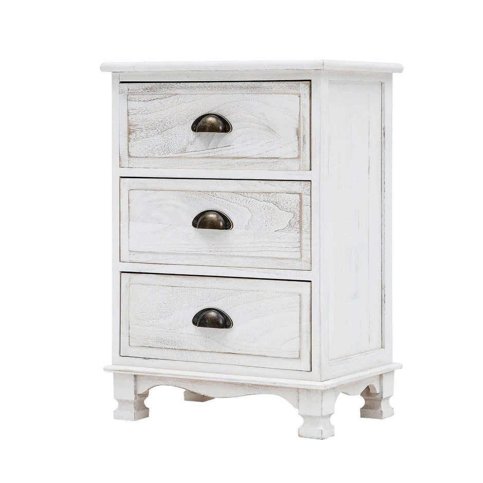 white three drawer bedside table