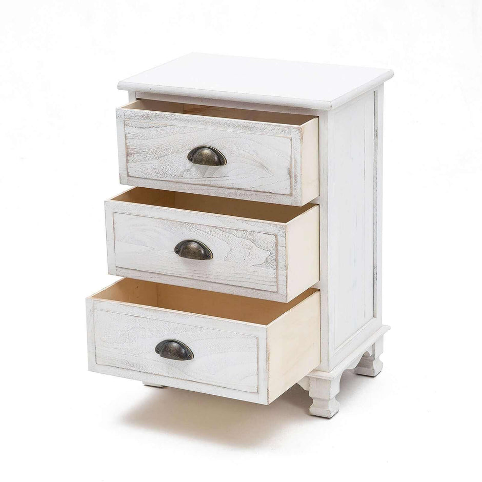 white three drawer bedside table