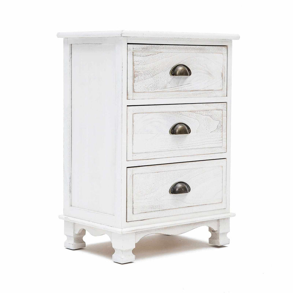 white three drawer bedside table