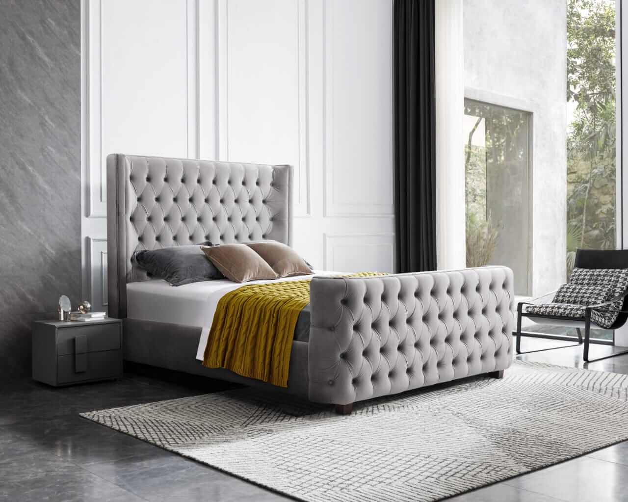 Milan Grey Velvet Tufted  Headboard and End board Bed Frame - Queen Si