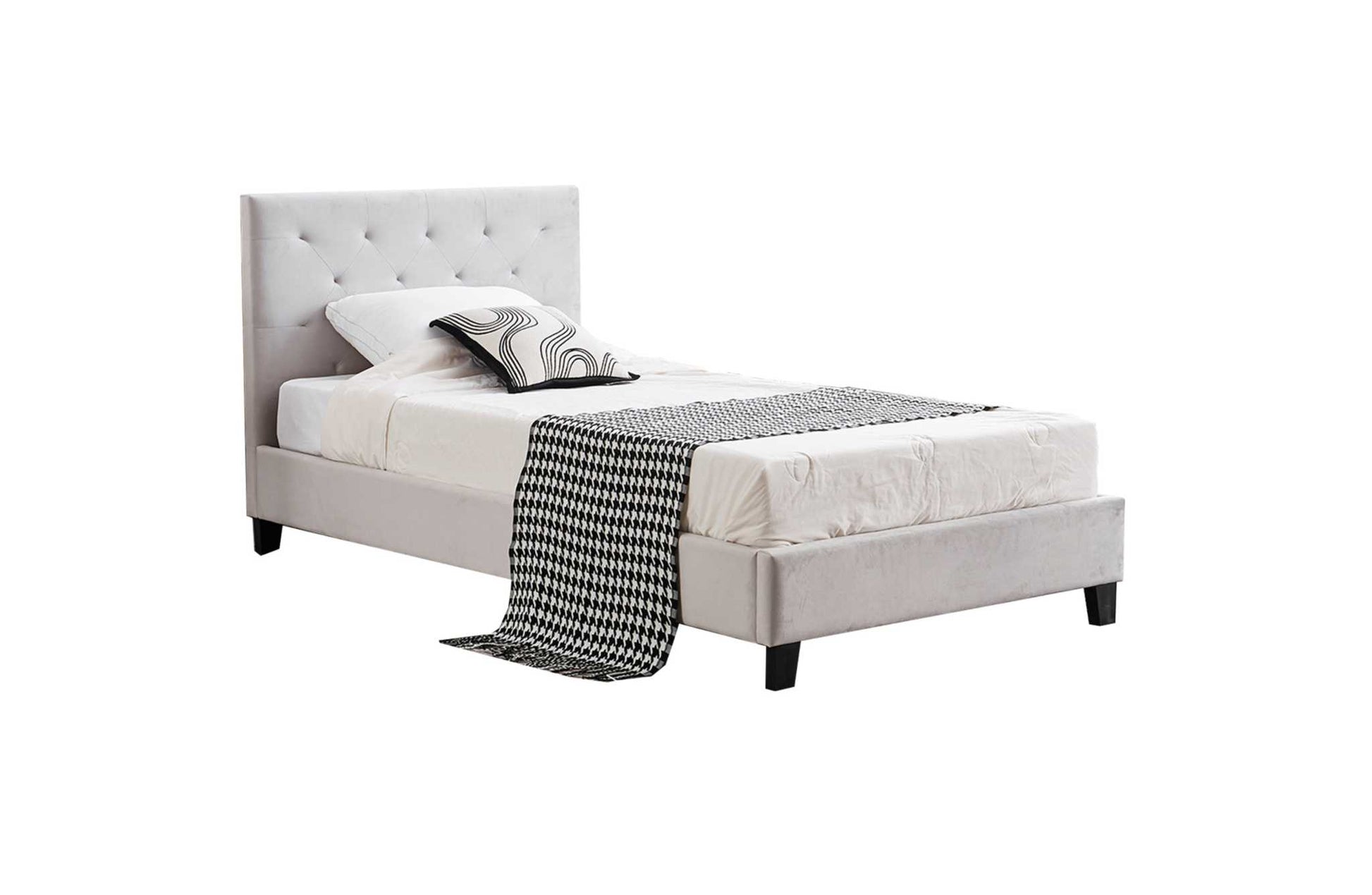 King single light grey velvet tufted bed with plush headboard and cozy bedding.