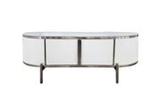 Kingsley Coffee Table in white with white marble top and silver trims.