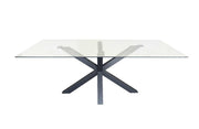 Miles Black dining table with clear glass top and black metal legs, 180cm x 90cm.