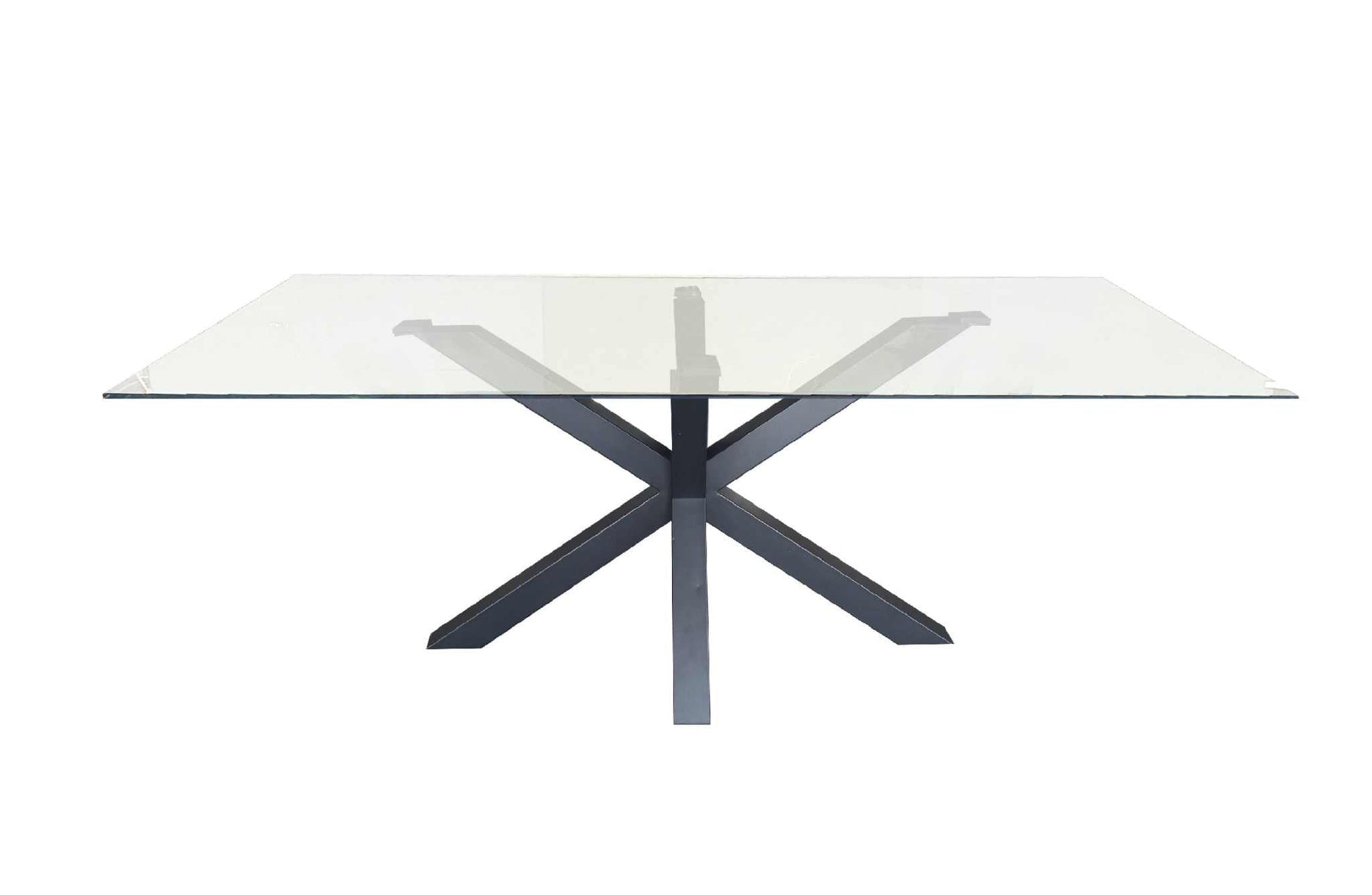 Miles Black dining table with clear glass top and black metal legs, 180cm x 90cm.