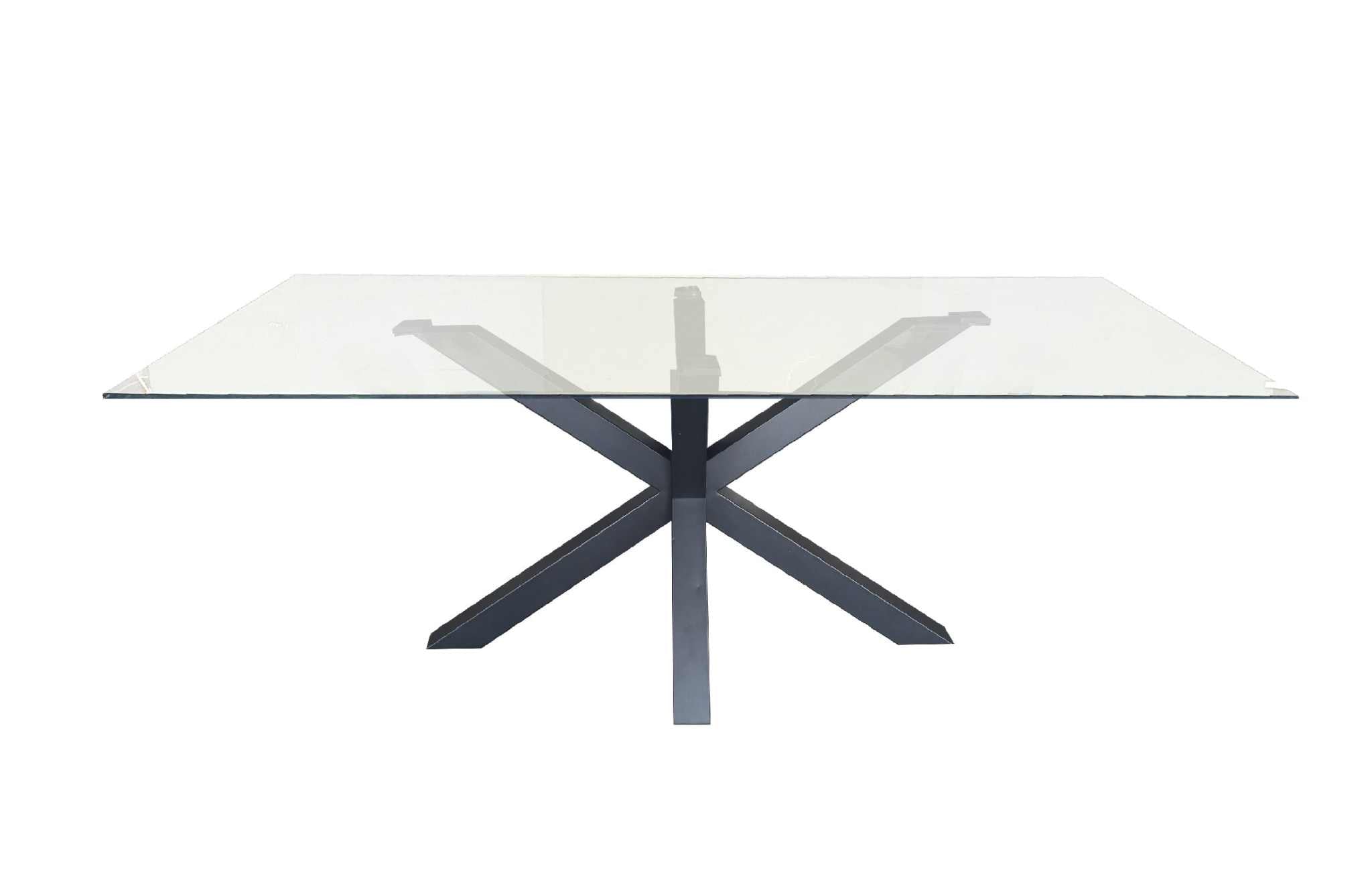 Miles Black dining table with clear glass top and black metal legs, 180cm x 90cm.