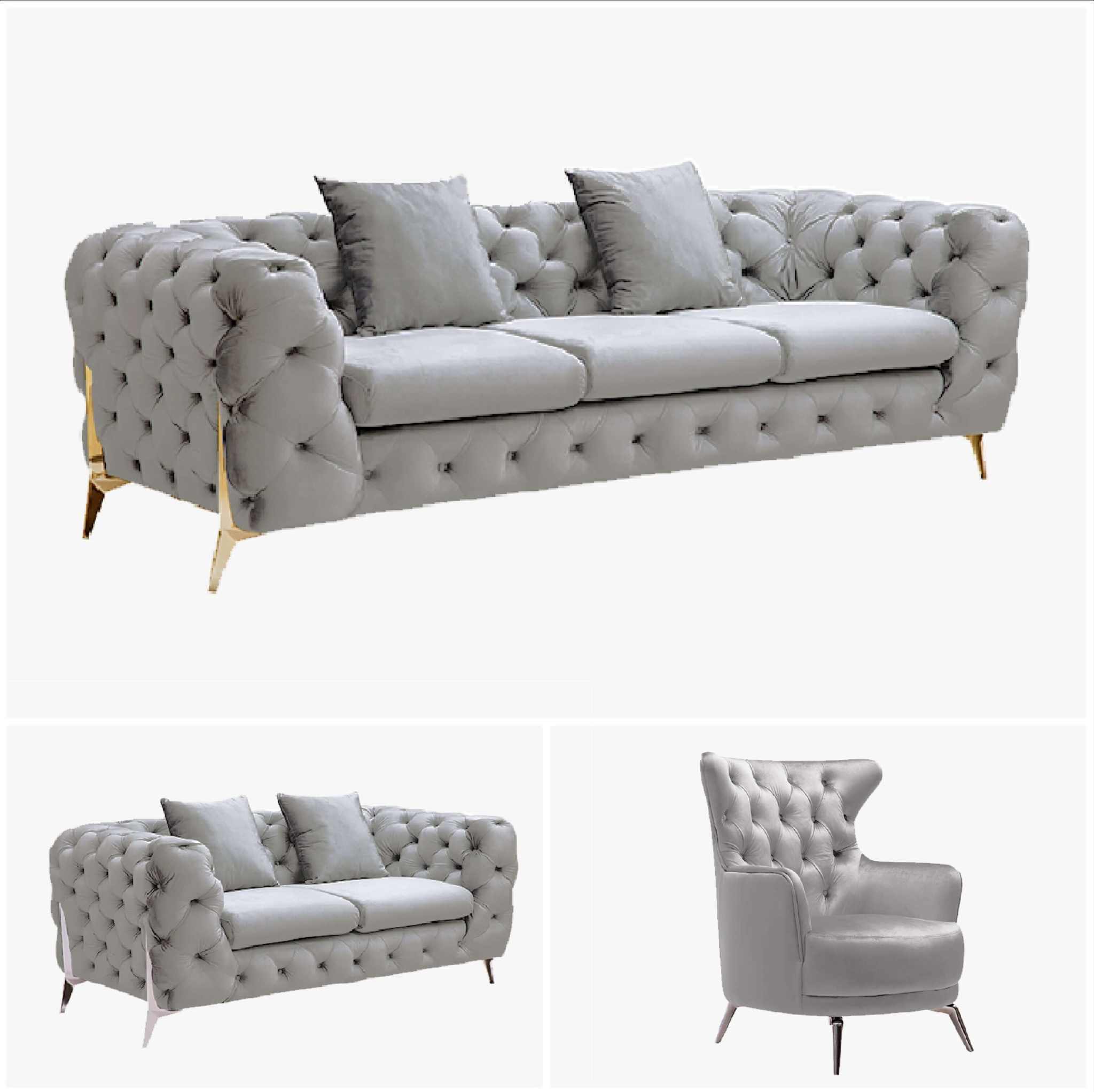 Grand Tufted Luxury Sofa - Light Grey Velvet - Gold Legs