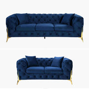Grand Blue Velvet Tufted Sofa - Gold Legs