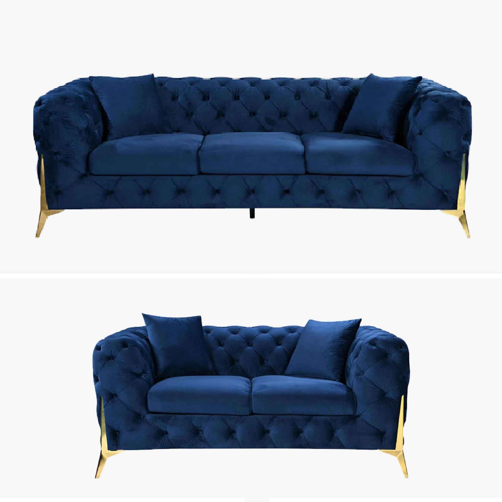 Grand Blue Velvet Tufted Sofa - Gold Legs