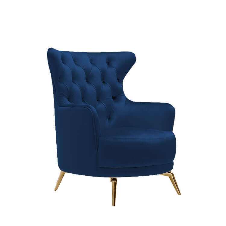 Grand Blue Velvet Tufted Sofa - Gold Legs