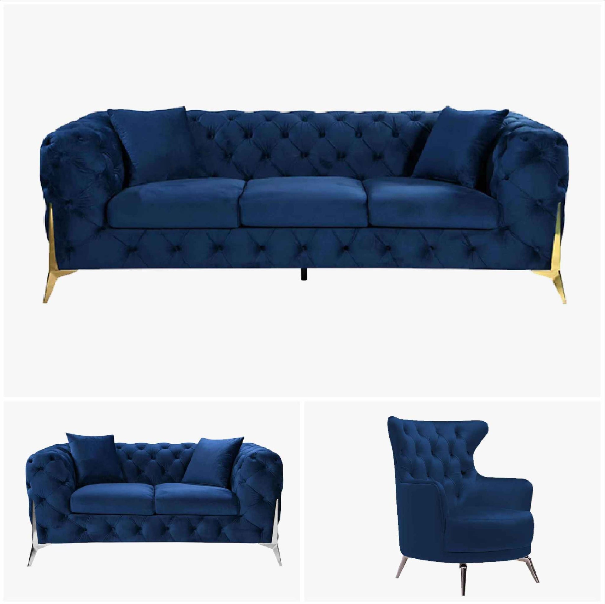 Grand Blue Velvet Tufted Sofa - Gold Legs