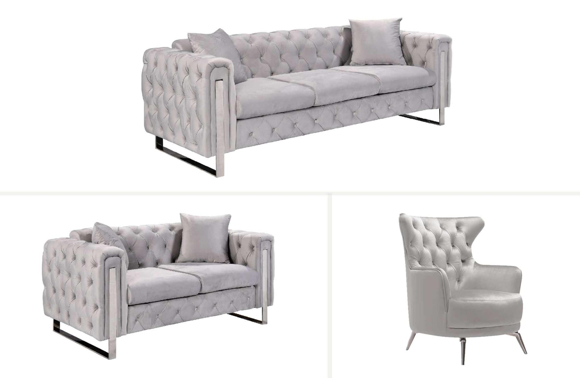 Madeline Range Modern Couch - Light Grey Velvet - Silver Trims