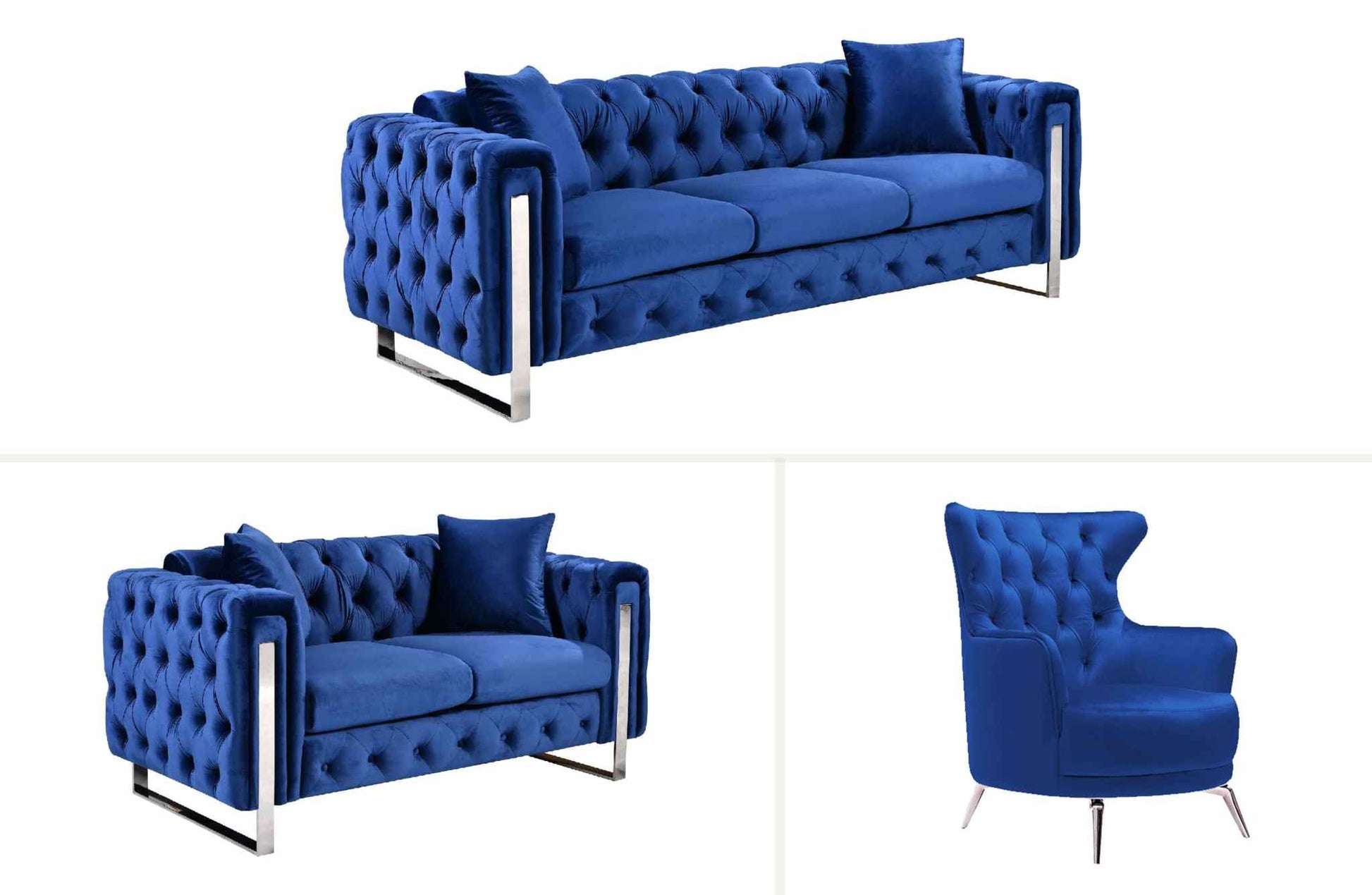 Madeline Range - Blue Velvet Living Room Couch - Silver Trims