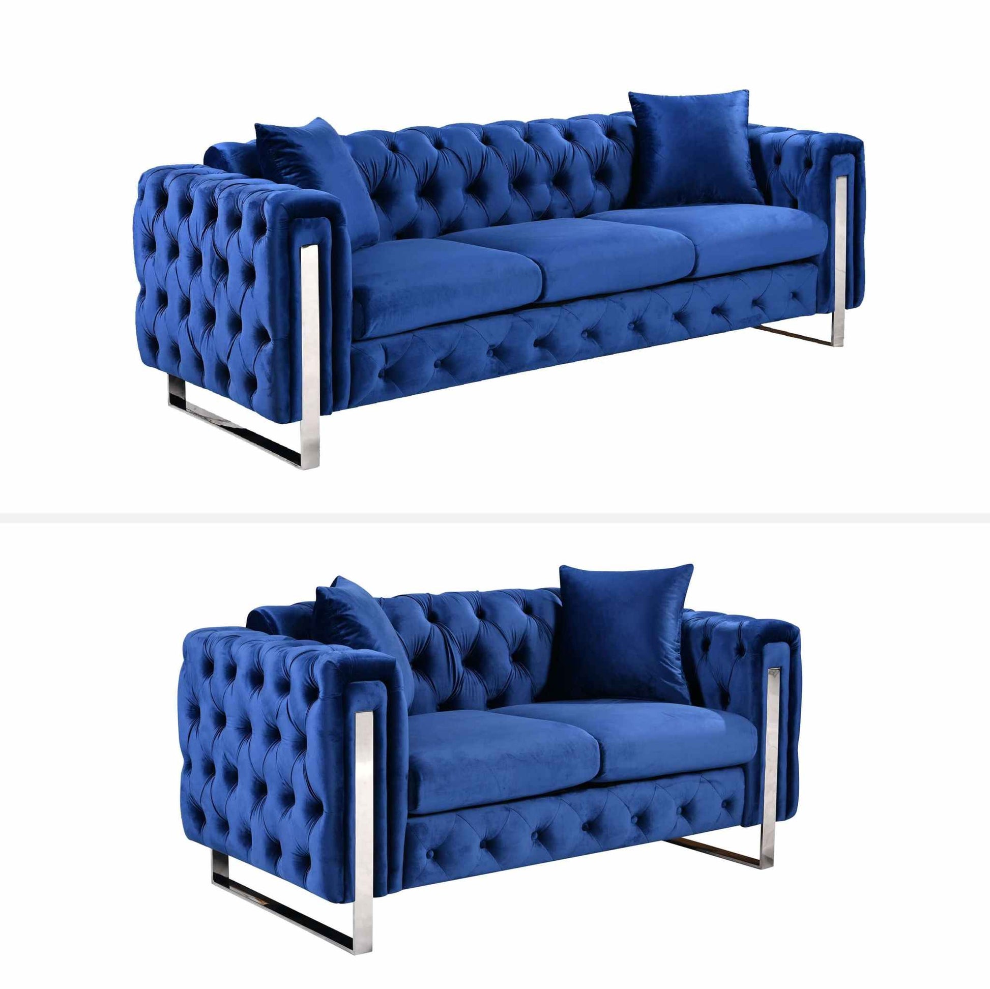 Madeline Range - Blue Velvet Living Room Couch - Silver Trims