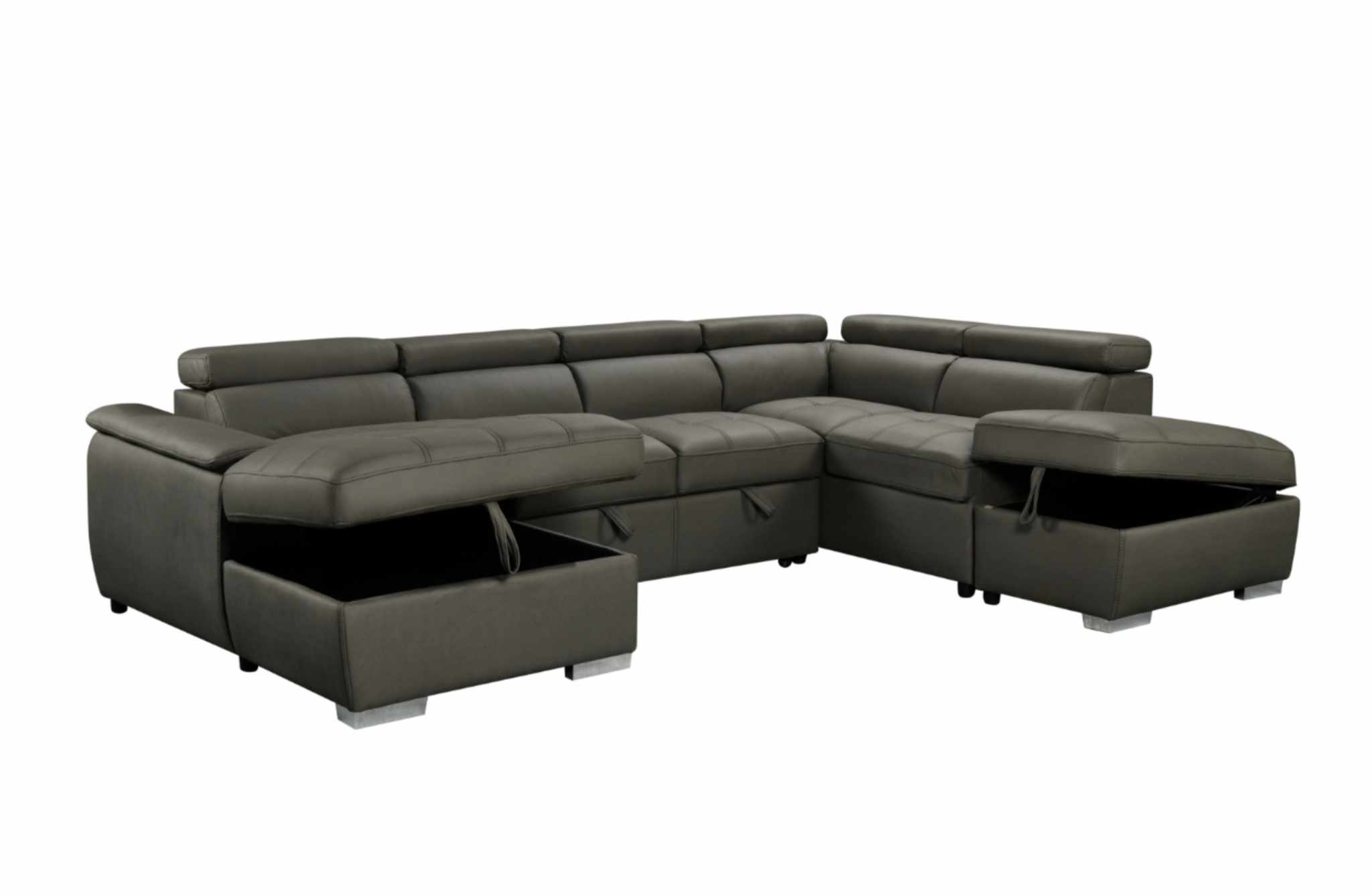 Charcoal plush sleeper modular chaise lounge with adjustable headrests and ottoman storage.