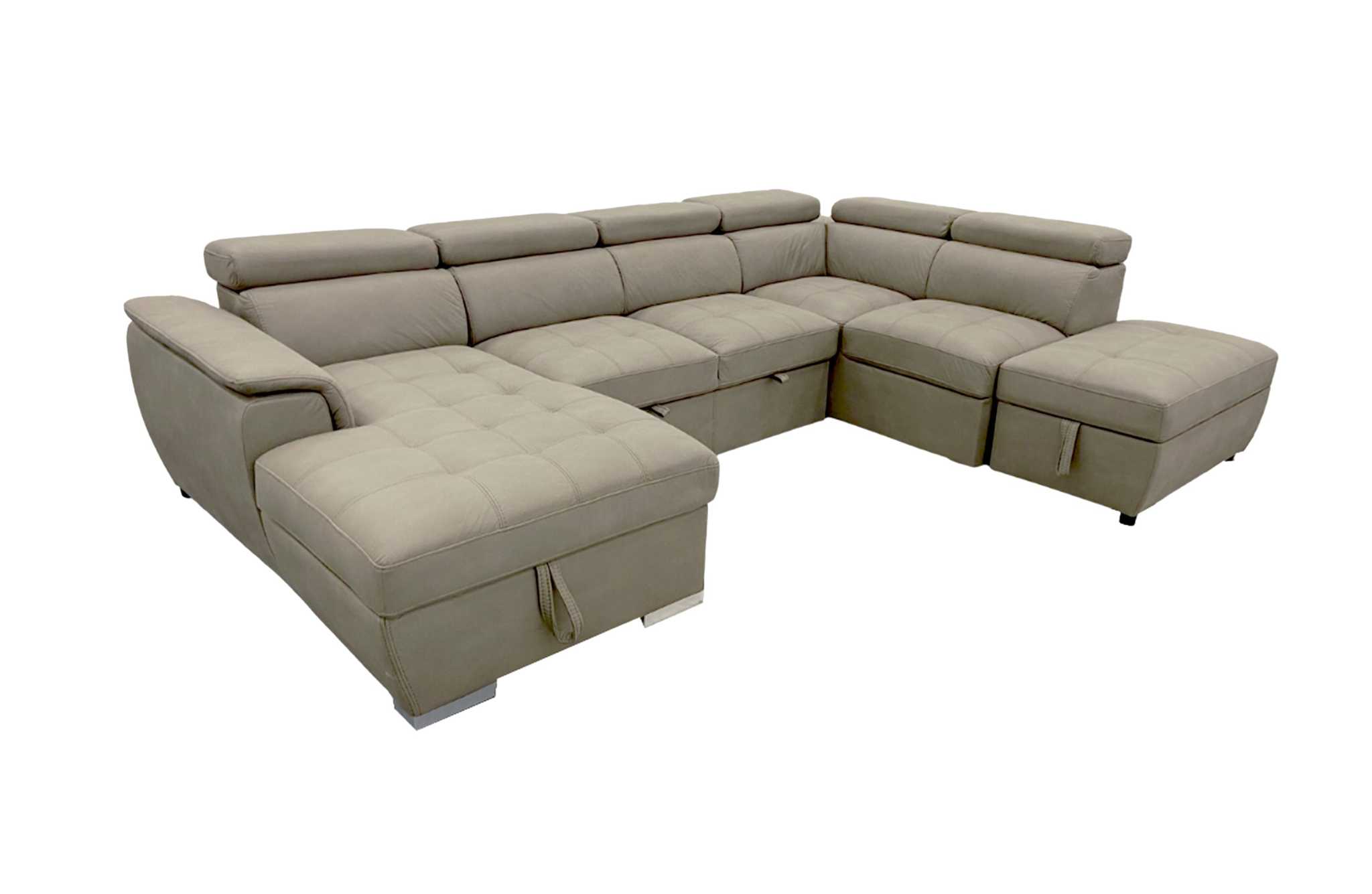 Plush Sleeper Modular Chaise Lounge in mushroom color with adjustable headrests and pull-out bed.
