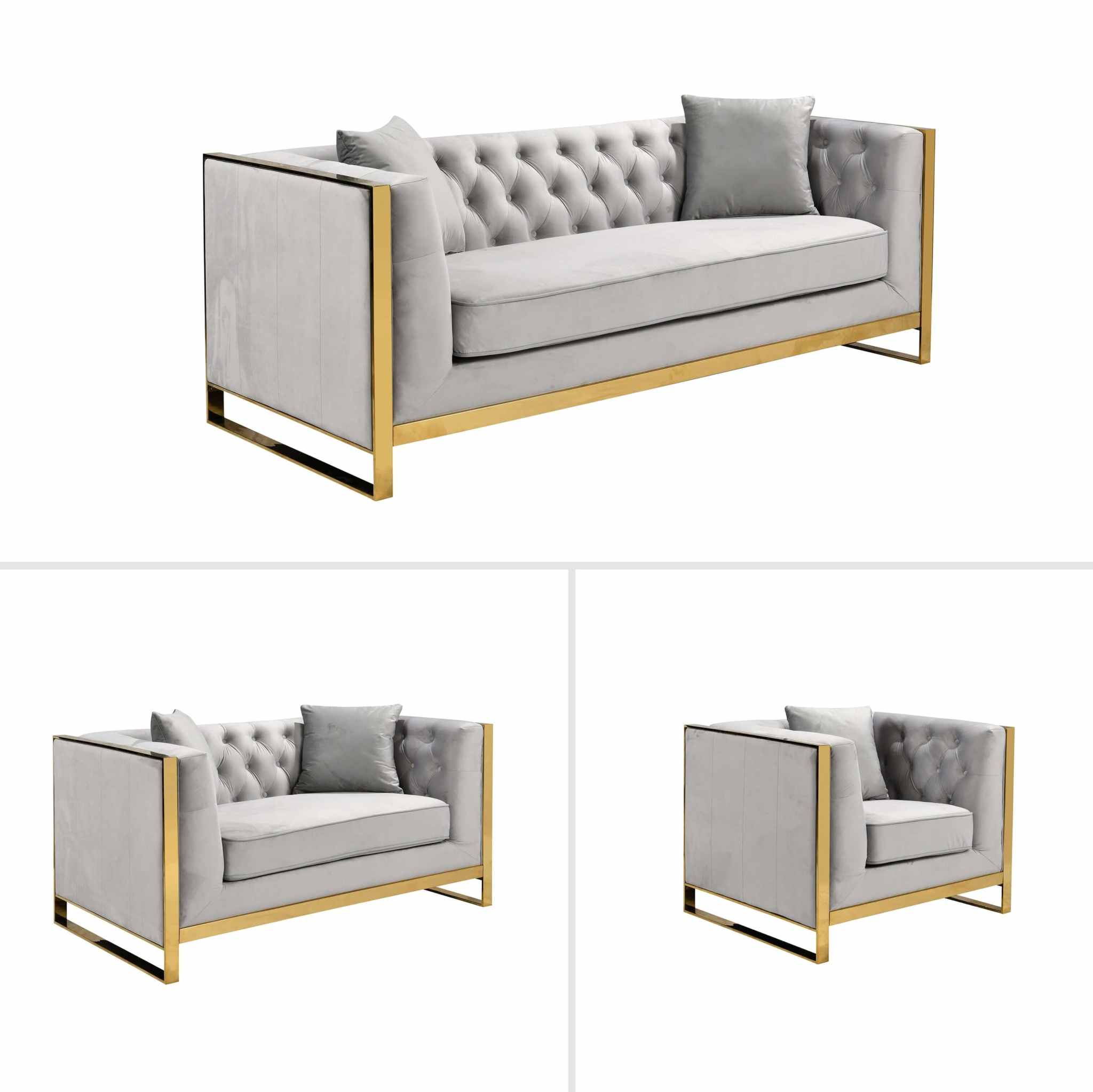 William Lounge - Light Grey Velvet Sofa Set - Gold Trims