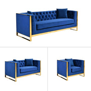 William Lounge - Blue Velvet Living Room Sofa - Gold Trims
