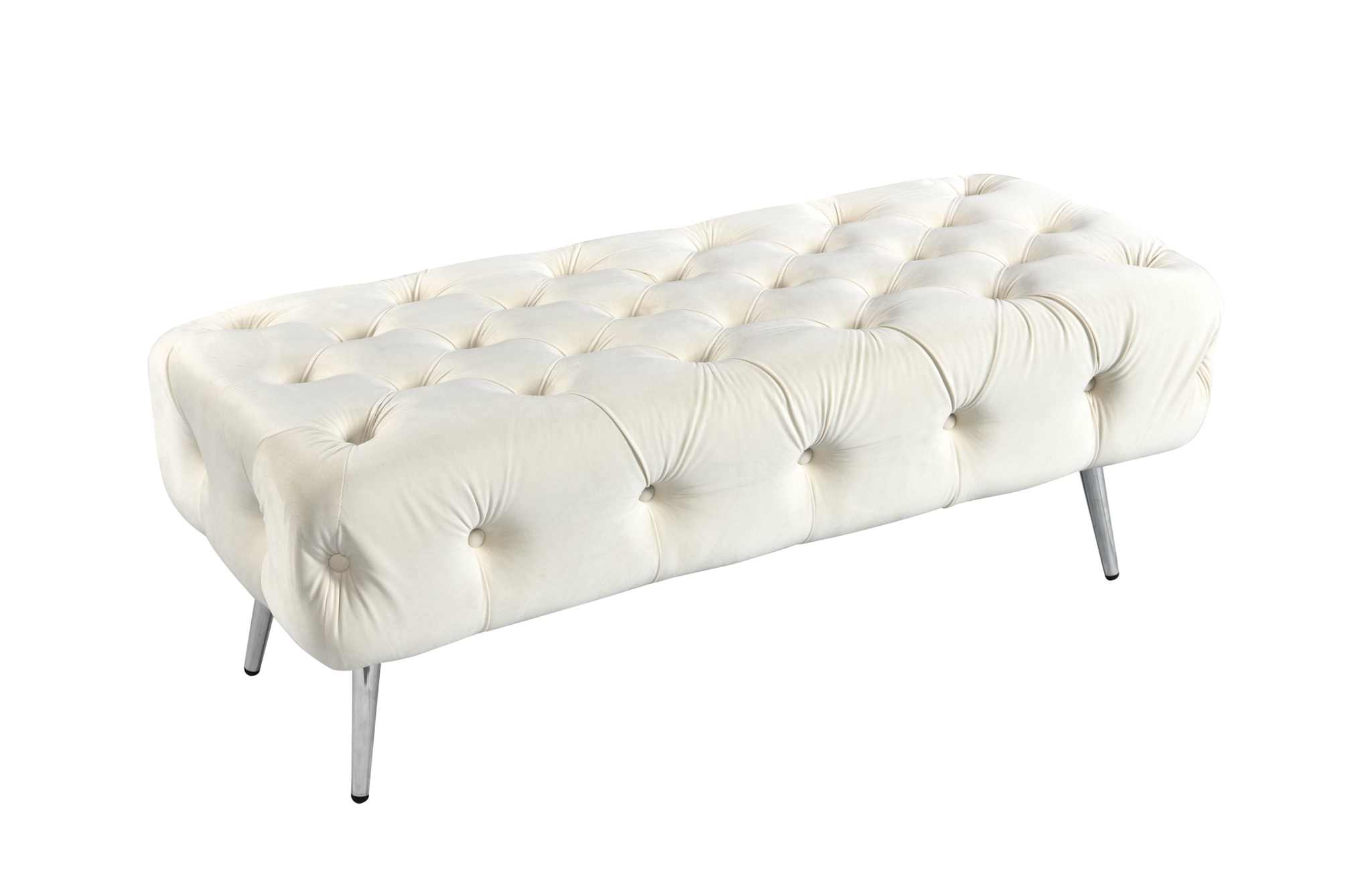 Shirley Ottoman in beige velvet with button-tufted detailing and silver legs.