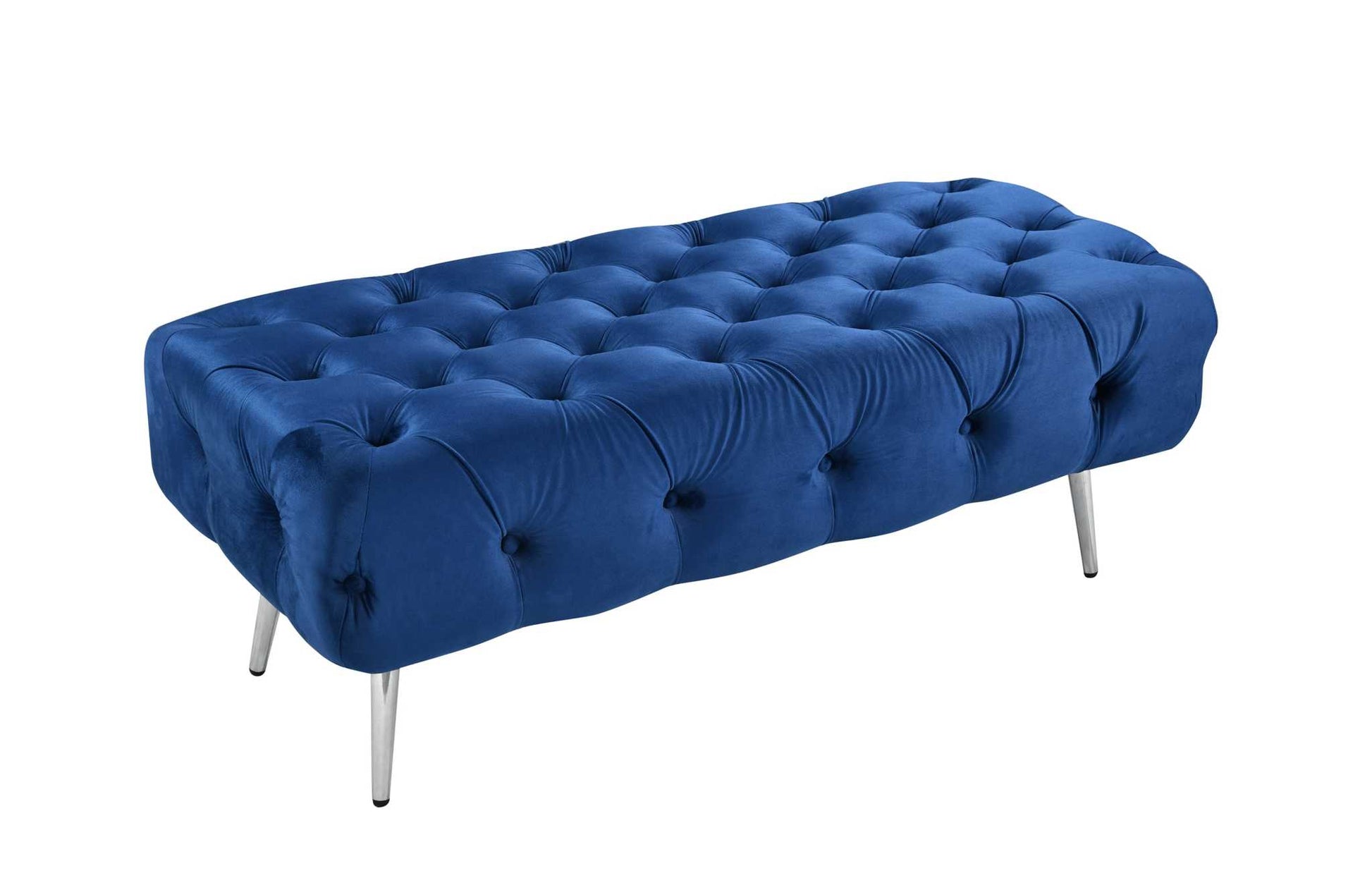 Shirley Ottoman Blue Velvet with Silver Legs featuring button-tufted detailing.