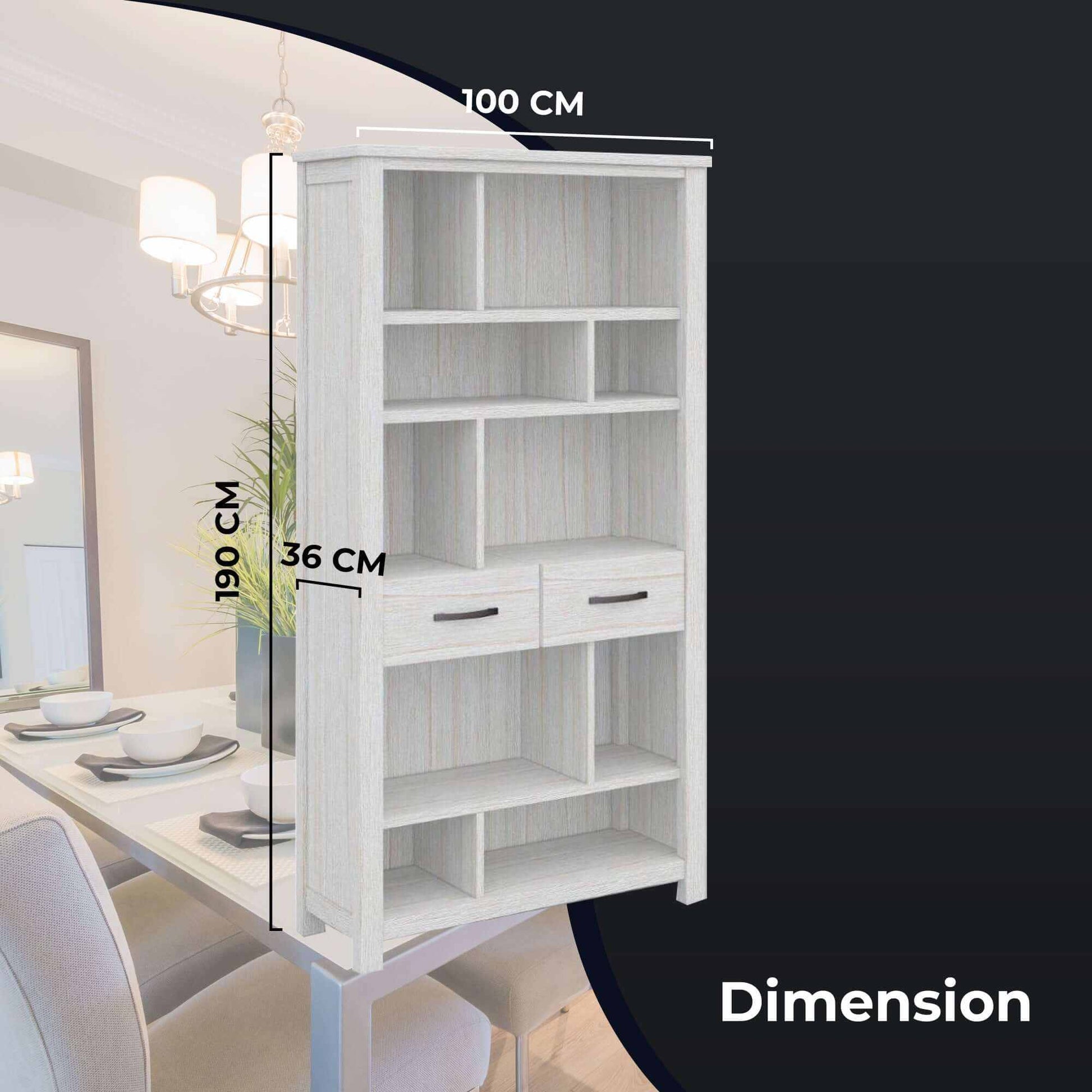 Foxglove Bookshelf 5 Tier Bookcase 2 Drawers Solid Mt Ash Wood - White