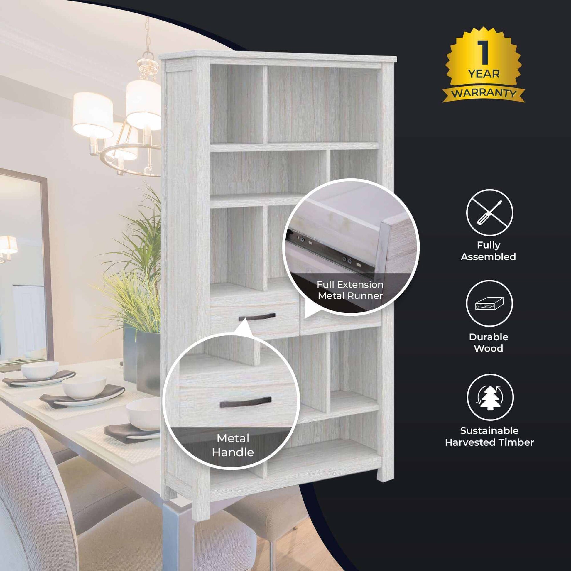 Foxglove Bookshelf 5 Tier Bookcase 2 Drawers Solid Mt Ash Wood - White