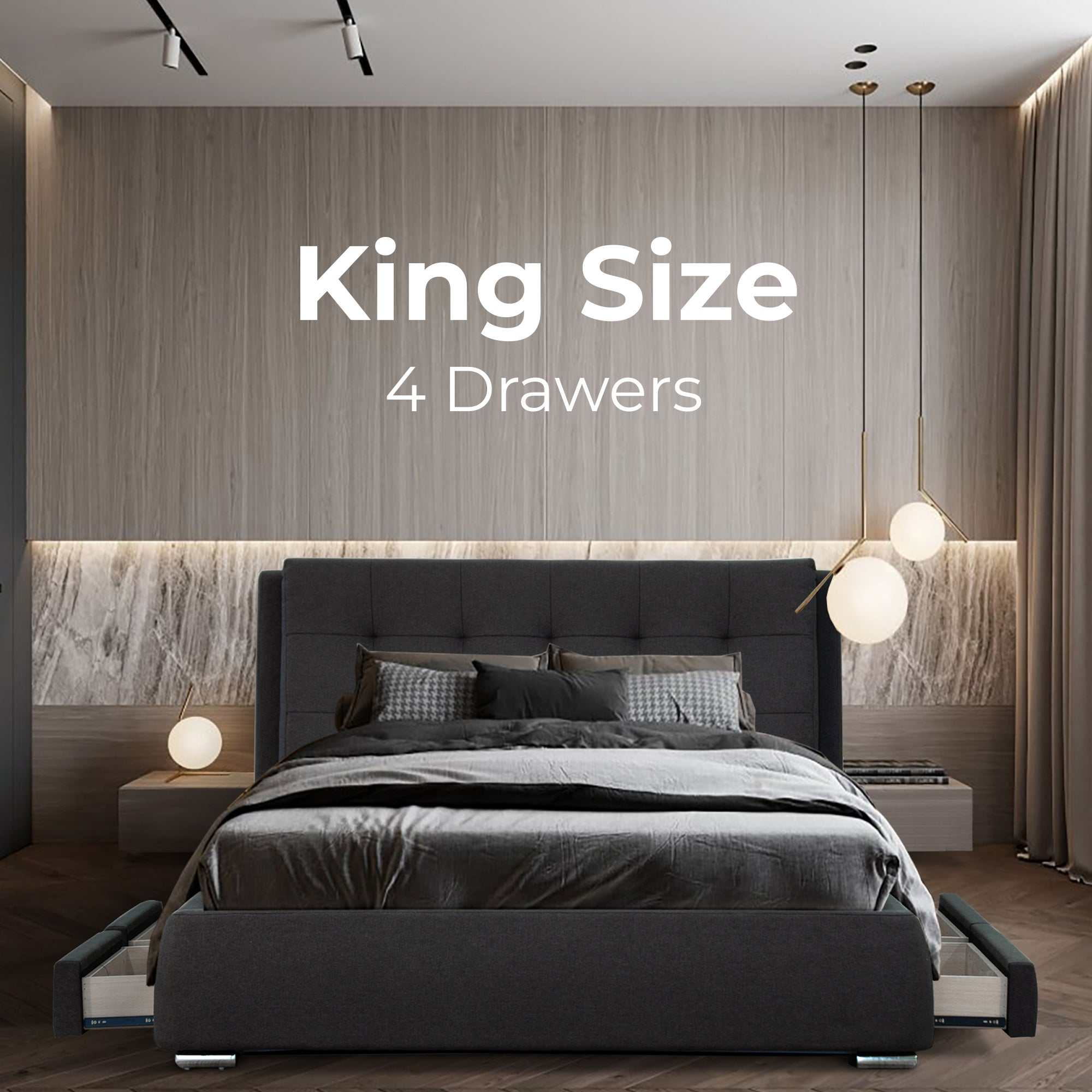 Kiama King Size Bed Frame Timber Mattress Base With Storage Drawers - 