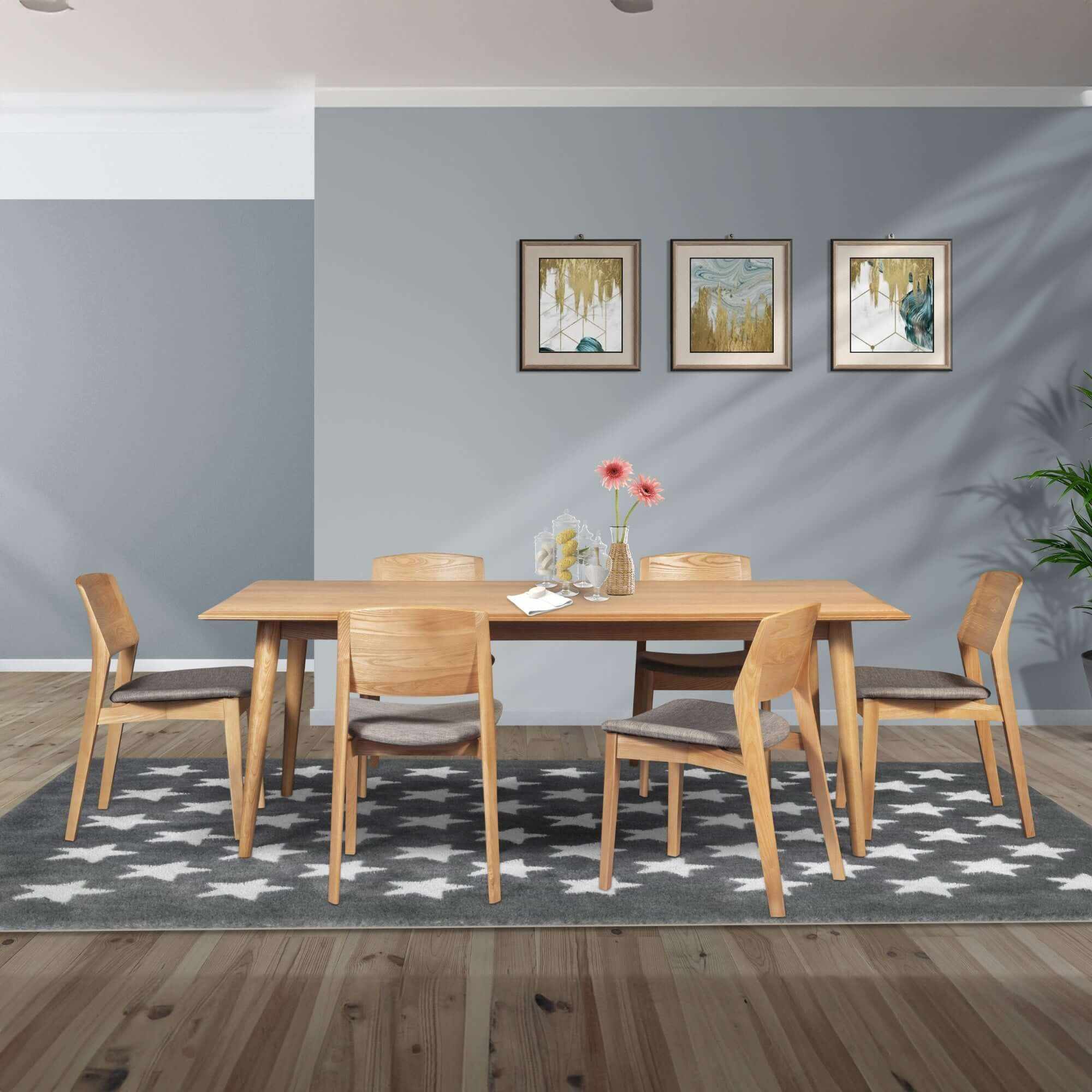 Emilio Solid Ash Wood 9 pc Dining Table and Chairs - Oak