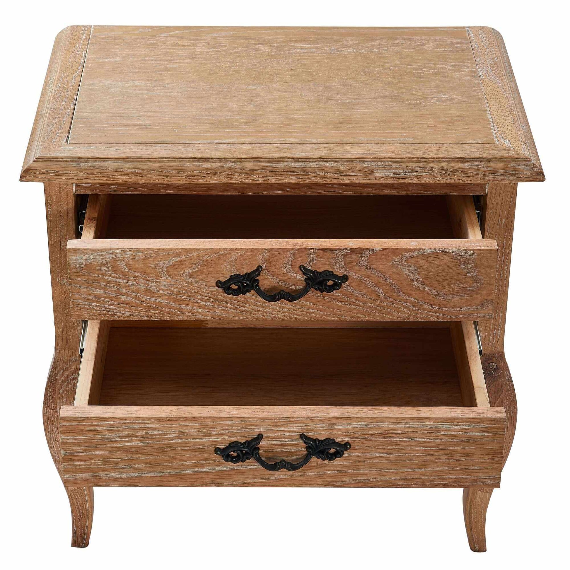 Bali French Provincial Bedside Table 2 Drawers Storage Cabinet  - Oak
