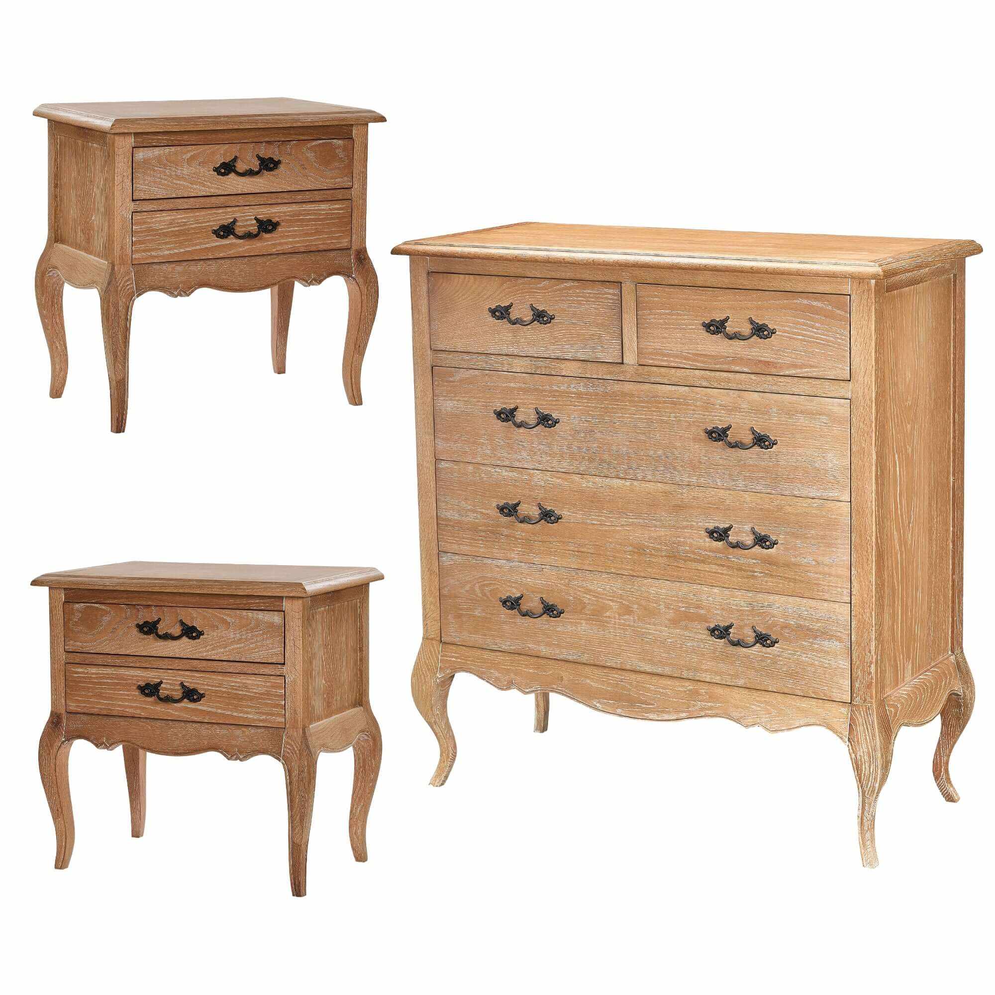Bali 3pc Set of 2 Bedside And Tallboy Oak Bedroom Furniture Sets