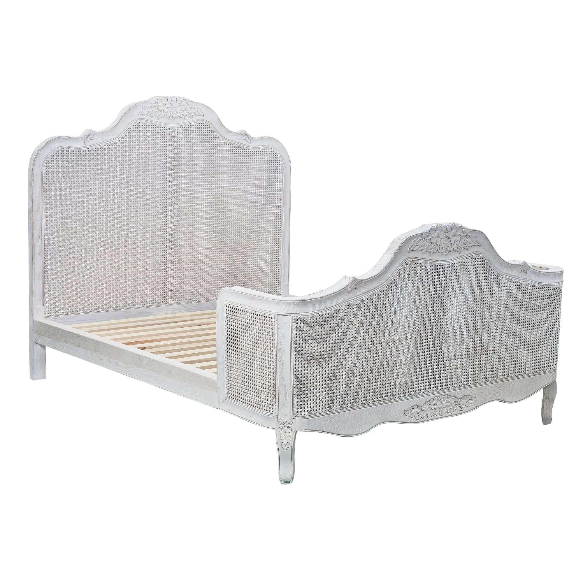 Alice Rattan Queen Size Bed Frame - Distressed White