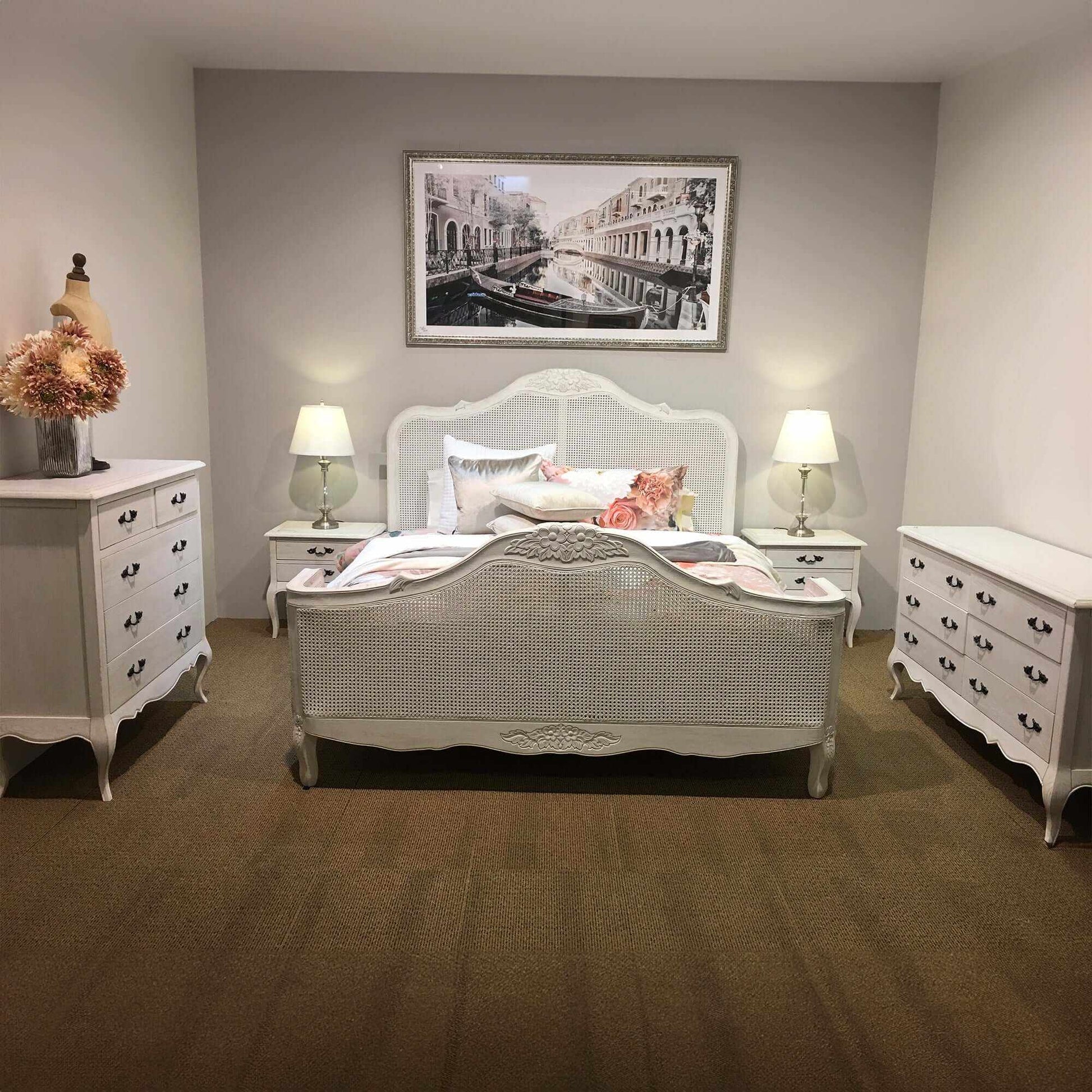 Alice Distressed White King Bed Frame Natural Rattan
